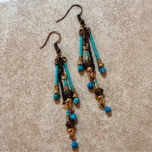 NEW HANDMADE - Turquoise and Gold Beaded Dangle Earrings